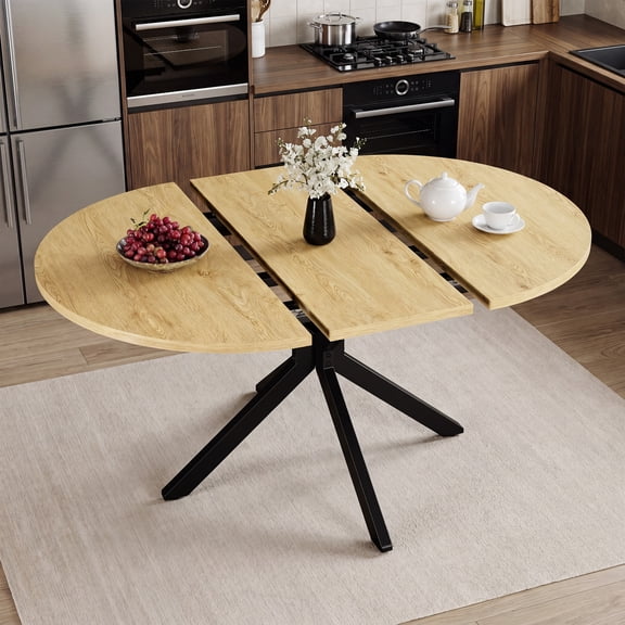 EOP 43″- 59″ Extendable Round Dining Table for 4-6, Farmhouse Oval Kitchen Table with Removable Leaves, Mid Century Modern Dining Room Table with Metal Frame, Space Saving, Natural Wood