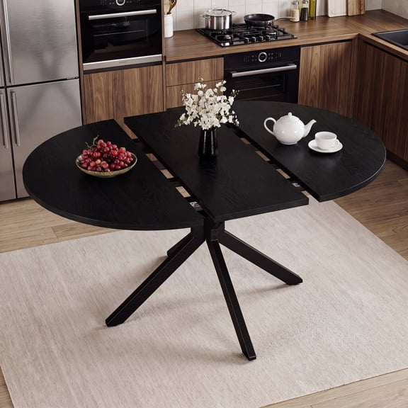 EOP 43″- 59″ Extendable Round Dining Table for 4-6, Farmhouse Oval Kitchen Table with Removable Leaves, Mid Century Modern Dining Room Table with Metal Frame, Space Saving, Black