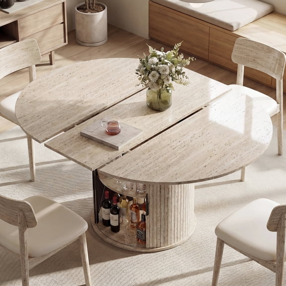 EOP 47″- 63″ Extendable Round Dining Table for 4-6, Wooden Kitchen Table with Hidden Storage and Fluted Sliding Door Cabinet, Modern Space-Saving Table for Dining Room Kitchen, White