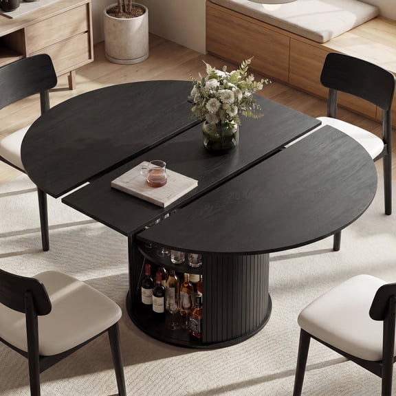 EOP 47″- 63″ Extendable Round Dining Table for 4-6, Wooden Kitchen Table with Hidden Storage and Fluted Sliding Door Cabinet, Modern Space-Saving Table for Dining Room Kitchen, Black