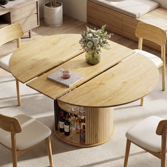 EOP 47″- 63″ Extendable Round Dining Table for 4-6, Wooden Kitchen Table with Hidden Storage and Fluted Sliding Door Cabinet, Modern Space-Saving Table for Dining Room Kitchen, Natural Wood