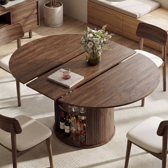 EOP 47″- 63″ Extendable Round Dining Table for 4-6, Wooden Kitchen Table with Hidden Storage and Fluted Sliding Door Cabinet, Modern Space-Saving Table for Dining Room Kitchen, Walnut