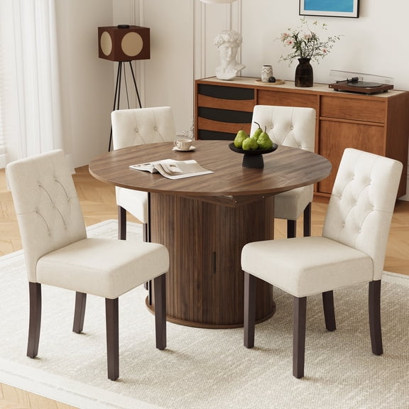 EOP 5-Piece Extendable Dining Table Set for 4, 47"-63" Wood Kitchen Table with 4 Upholstered Chairs, Space-Saving Drop Leaf Kitchen Table for Dining Room, Small Space