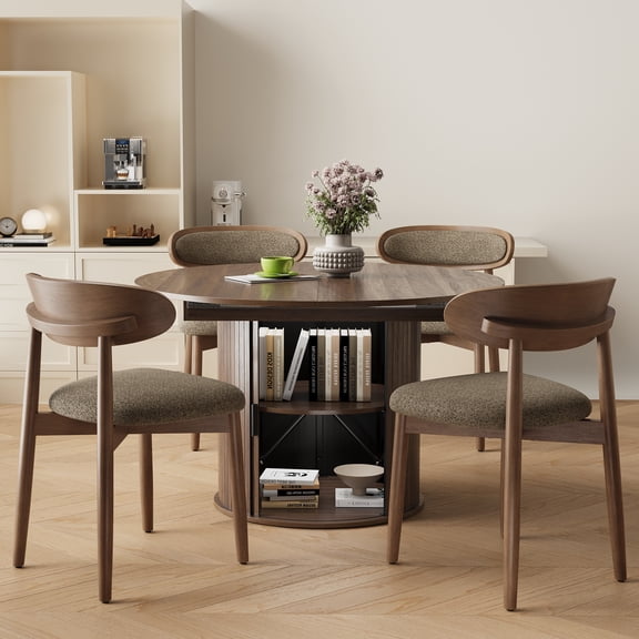 EOP 5-Piece Round Extendable Dining Table Set for 4, 47''-63'' Wood Kitchen Table with 4 Chairs, Space-Saving Drop Leaf Table & Seating for Living Room, Kitchen, Dining Room