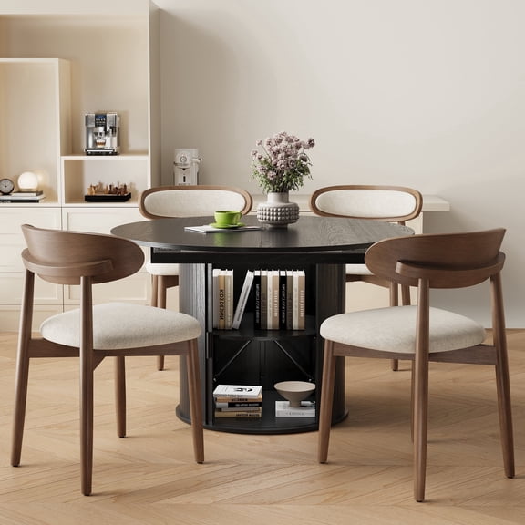 EOP 5-Piece Round Extendable Dining Table Set for 4, 47''-63'' Wood Kitchen Table with 4 Chairs, Space-Saving Drop Leaf Table & Seating for Living Room, Kitchen, Dining Room