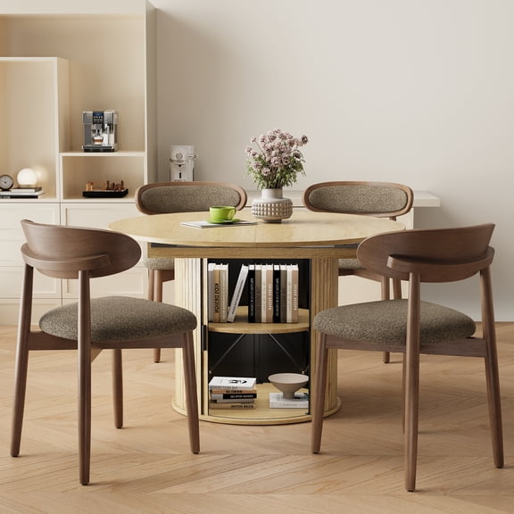 EOP 5-Piece Round Extendable Dining Table Set for 4, 47''-63'' Wood Kitchen Table with 4 Chairs, Space-Saving Drop Leaf Table & Seating for Living Room, Kitchen, Dining Room