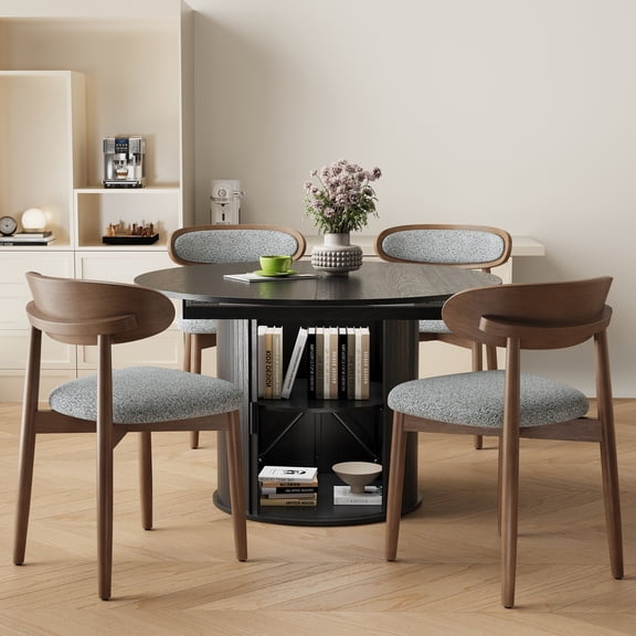 EOP 5-Piece Round Extendable Dining Table Set for 4, 47''-63'' Wood Kitchen Table with 4 Chairs, Space-Saving Drop Leaf Table & Seating for Living Room, Kitchen, Dining Room