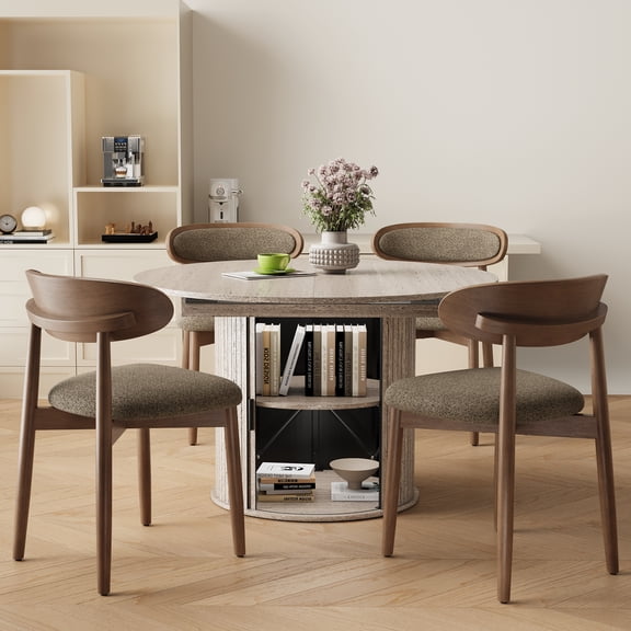 EOP 5-Piece Round Extendable Dining Table Set for 4, 47''-63'' Wood Kitchen Table with 4 Chairs, Space-Saving Drop Leaf Table & Seating for Living Room, Kitchen, Dining Room