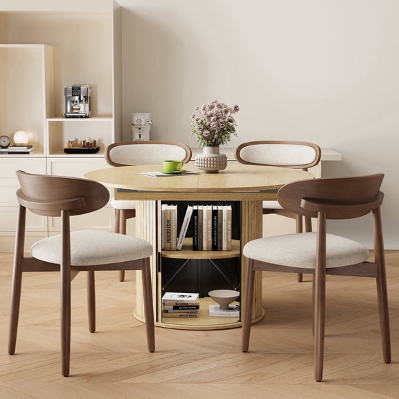 EOP 5-Piece Round Extendable Dining Table Set for 4, 47''-63'' Wood Kitchen Table with 4 Chairs, Space-Saving Drop Leaf Table & Seating for Living Room, Kitchen, Dining Room