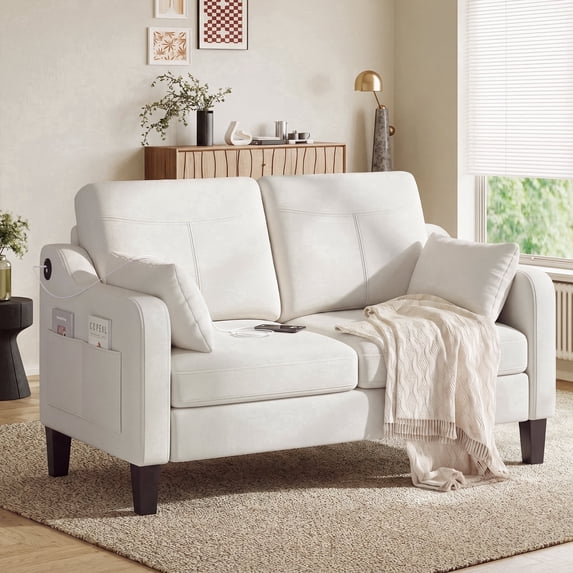 EOP 52" Upholstered Loveseat Sofa, Modern Comfy 2 Seater Couches with USB & Type-C Port, Side Pockets & 2 Pillows for Living Room, Apartment and Small Spaces, Beige