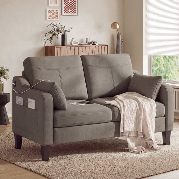EOP 52" Upholstered Loveseat Sofa, Modern Comfy 2 Seater Couches with USB & Type-C Port, Side Pockets & 2 Pillows for Living Room, Apartment and Small Spaces, Brown