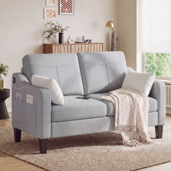 EOP 52" Upholstered Loveseat Sofa, Modern Comfy 2 Seater Couches with USB & Type-C Port, Side Pockets & 2 Pillows for Living Room, Apartment and Small Spaces, Light Gray