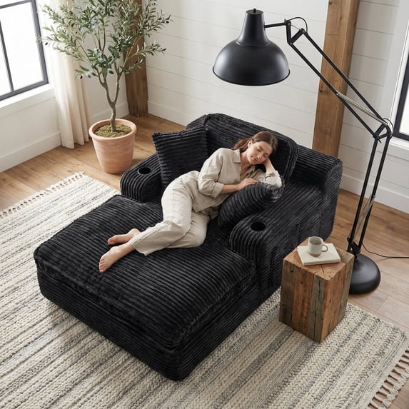 EOP 67'' Modern Oversized Chaise Lounge Chair Indoor, Plush Boneless Cloud Couch with Side Pockets & Cup Holders, Comfy Corduroy Sleeper Couch with Removable Pillows for Living Room, Black