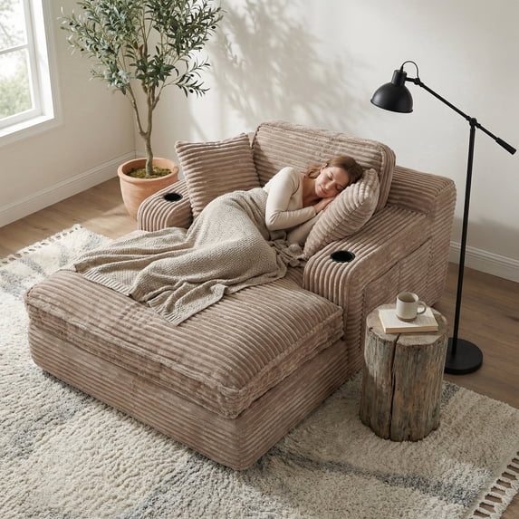 EOP 67'' Modern Oversized Chaise Lounge Chair Indoor, Plush Boneless Cloud Couch with Side Pockets & Cup Holders, Comfy Corduroy Sleeper Couch with Removable Pillows for Living Room, Camel