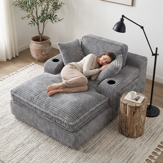 EOP 67'' Oversized Chaise Lounge Chair Indoor, Plush Boneless Cloud Couch with Side Pockets & Cup Holders, Comfy Corduroy Sleeper Couch with Removable Pillows for Living Room, Gray