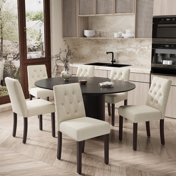 EOP 7-Piece Extendable Dining Table Set for 6, 47"-63" Wood Kitchen Table with 6 Upholstered Chairs, Space-Saving Drop Leaf Kitchen Table for Dining Room, Small Space