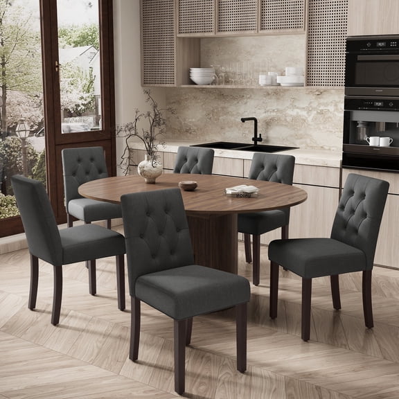 EOP 7-Piece Extendable Dining Table Set for 6, 47"-63" Wood Kitchen Table with 6 Upholstered Chairs, Space-Saving Drop Leaf Kitchen Table for Dining Room, Small Space