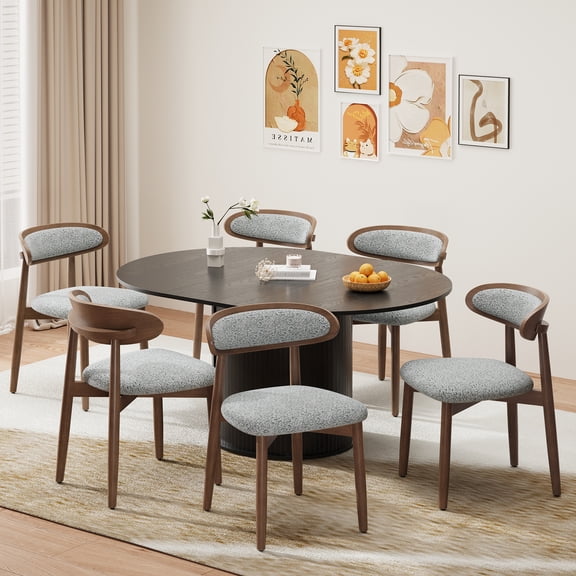 EOP 7-Piece Oval Extendable Dining Table Set for 6, 47''-63'' Wood Kitchen Table with 6 Chairs, Space-Saving Drop Leaf Table & Seating for Living Room, Kitchen, Dining Room