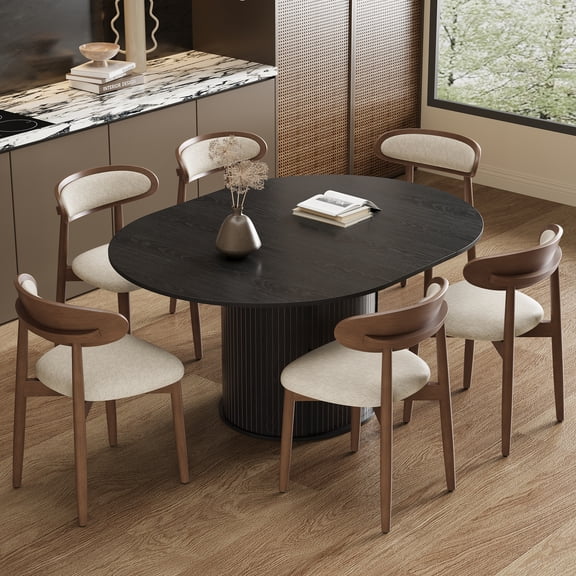 EOP 7-Piece Oval Extendable Dining Table Set for 6, 47''-63'' Wood Kitchen Table with 6 Chairs, Space-Saving Drop Leaf Table & Seating for Living Room, Kitchen, Dining Room
