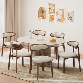 EOP 7-Piece Oval Extendable Dining Table Set for 6, 47''-63'' Wood Kitchen Table with 6 Chairs, Space-Saving Drop Leaf Table & Seating for Living Room, Kitchen, Dining Room