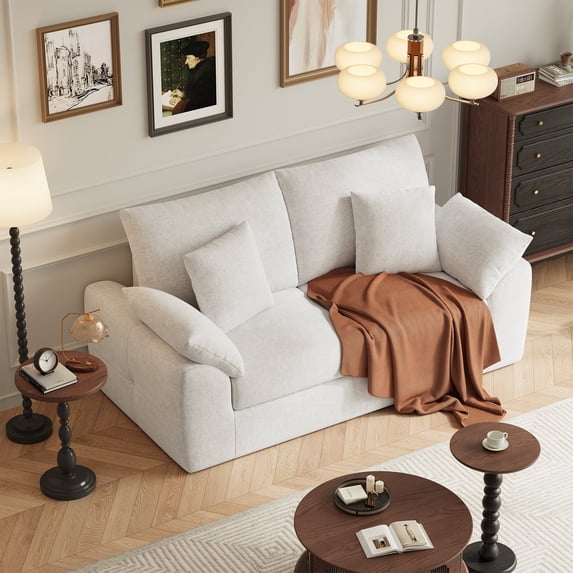 EOP 75.6" Wide Cloud Compression Sofa, Full Sponge Loveseat with Deep Seat, Upholstered Couch with 4 Pillows, No Assembly Required for Small Living Spaces, Beige