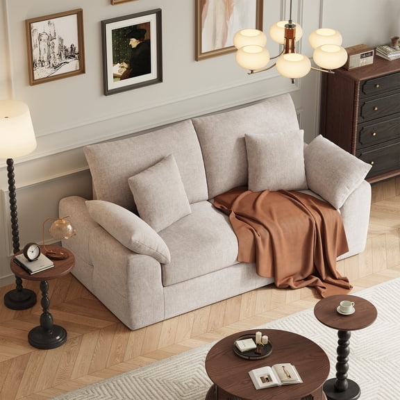 EOP 75.6" Wide Cloud Compression Sofa, Full Sponge Loveseat with Deep Seat, Upholstered Couch with 4 Pillows, No Assembly Required for Small Living Spaces, Camel