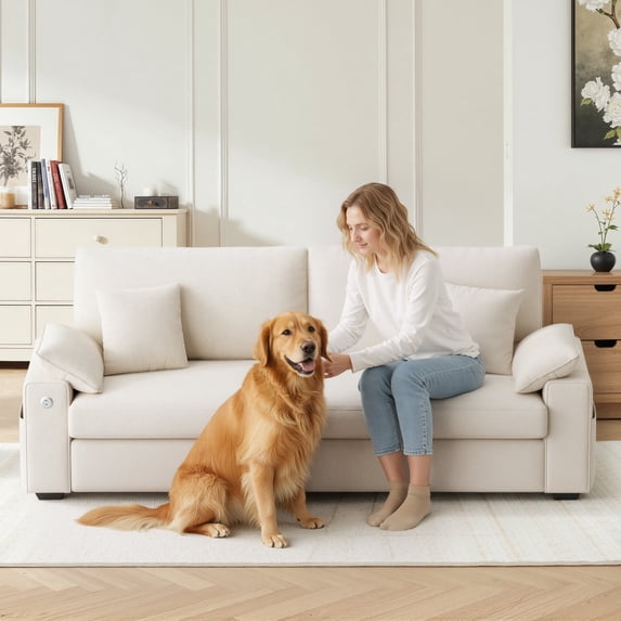 EOP 76" Loveseat Sofa, Comfy Modern 2-Seats Sofa with Pillow Armrest, USB/Type-C Port, Side Storage, Removable Cover, Deep Seat Couch, Small Couches for Small Space and Living Room, Beige