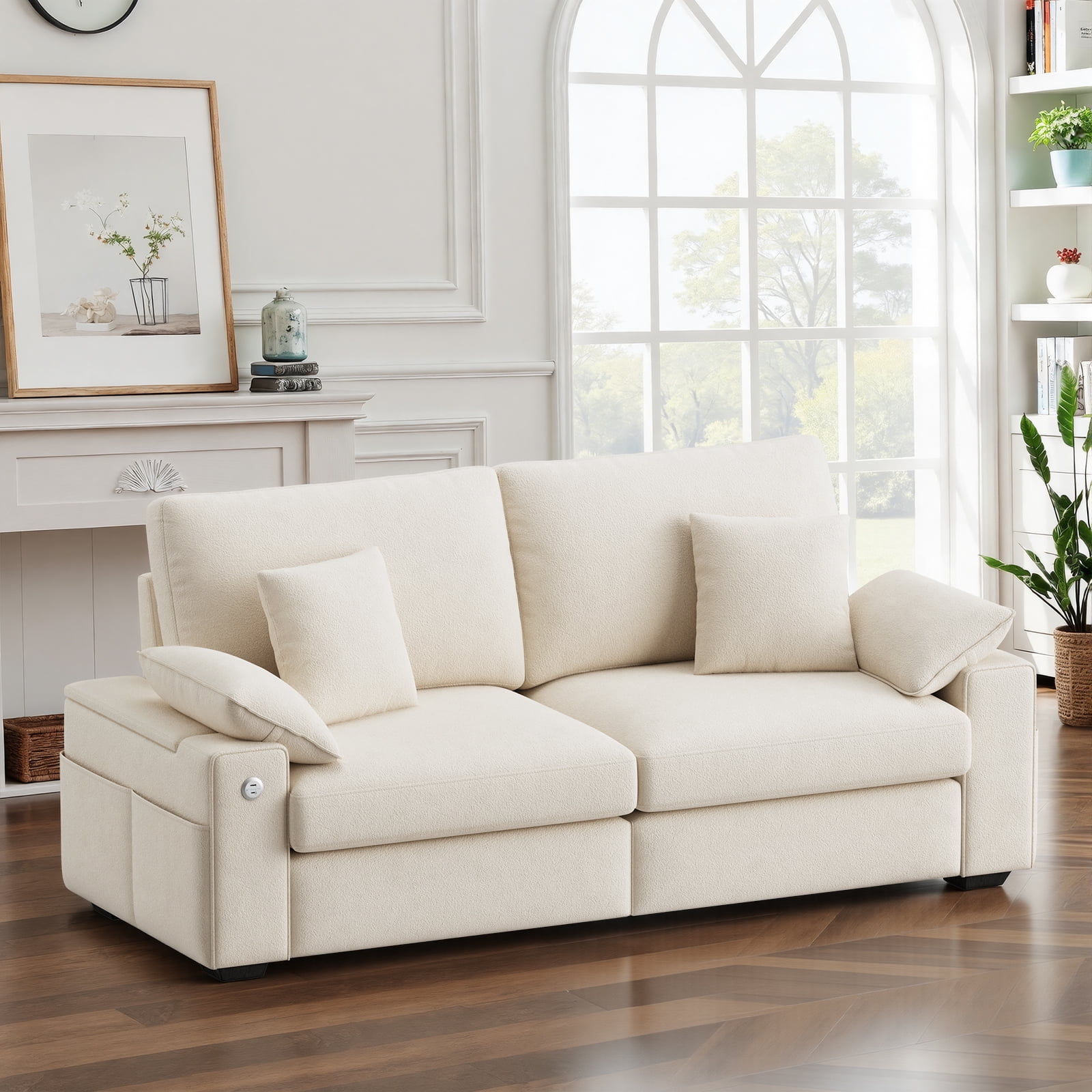 EOP 76" Loveseat Sofa, Comfy Modern 2-Seats Sofa with Pillow Armrest, USB/Type-C Port, Side Storage, Removable Cover, Deep Seat Couch, Small Couches for Small Space and Living Room, Beige