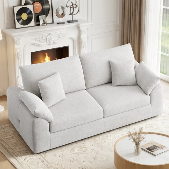 EOP 89.8" Wide Cloud Compression Sofa, Full Sponge Loveseat with Deep Seat, Upholstered Couch with 4 Pillows, No Assembly Required for Small Living Spaces, Beige