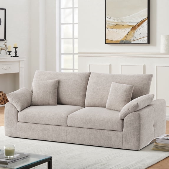 EOP 62.99" Wide Cloud Compression Sofa, Full Sponge Loveseat with Deep Seat, Upholstered Couch with 4 Pillows, No Assembly Required for Small Living Spaces, Camel