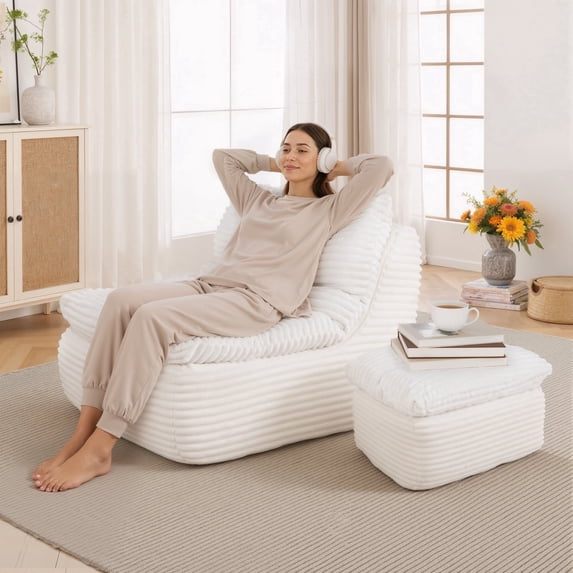 EOP Big Bean Bag Lounger Chair, Chaise Lounge Chair Indoor, Comfy Upholstered Sleeper Sofa Bed with Compressed Memory Foam, No Assembly Required, Beige