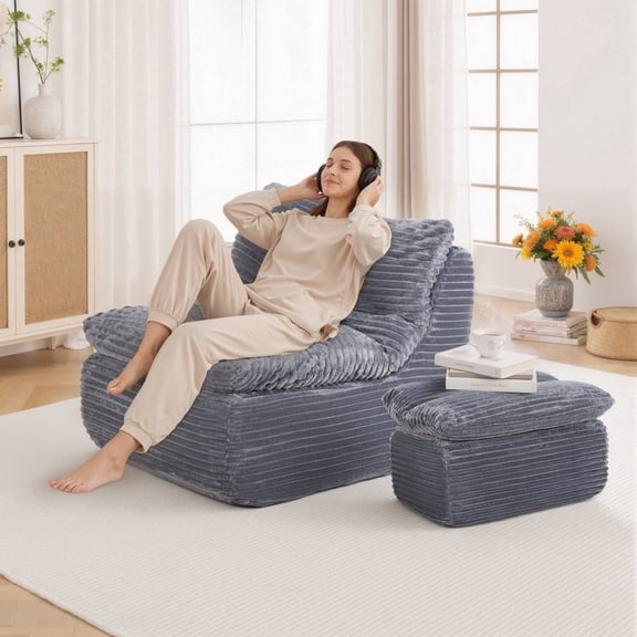 EOP Big Bean Bag Lounger Chair, Chaise Lounge Chair Indoor, Comfy Upholstered Sleeper Sofa Bed with Compressed Memory Foam, No Assembly Required, Gray