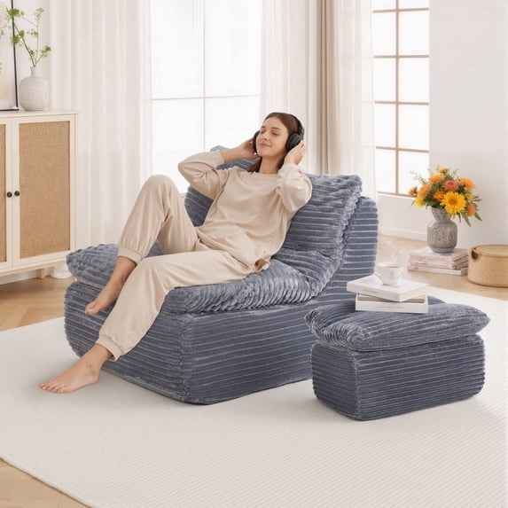 EOP Big Bean Bag Lounger Chair, Chaise Lounge Chair Indoor, Comfy Upholstered Sleeper Sofa Bed with Compressed Memory Foam, No Assembly Required, Gray