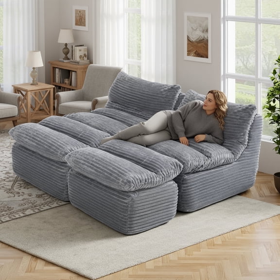 EOP Big Bean Bag Lounger Chairs Set of 2, Chaise Lounge Chairs Indoor, Comfy Upholstered Sleeper Sofa Beds with Compressed Memory Foam, No Assembly Required, Gray