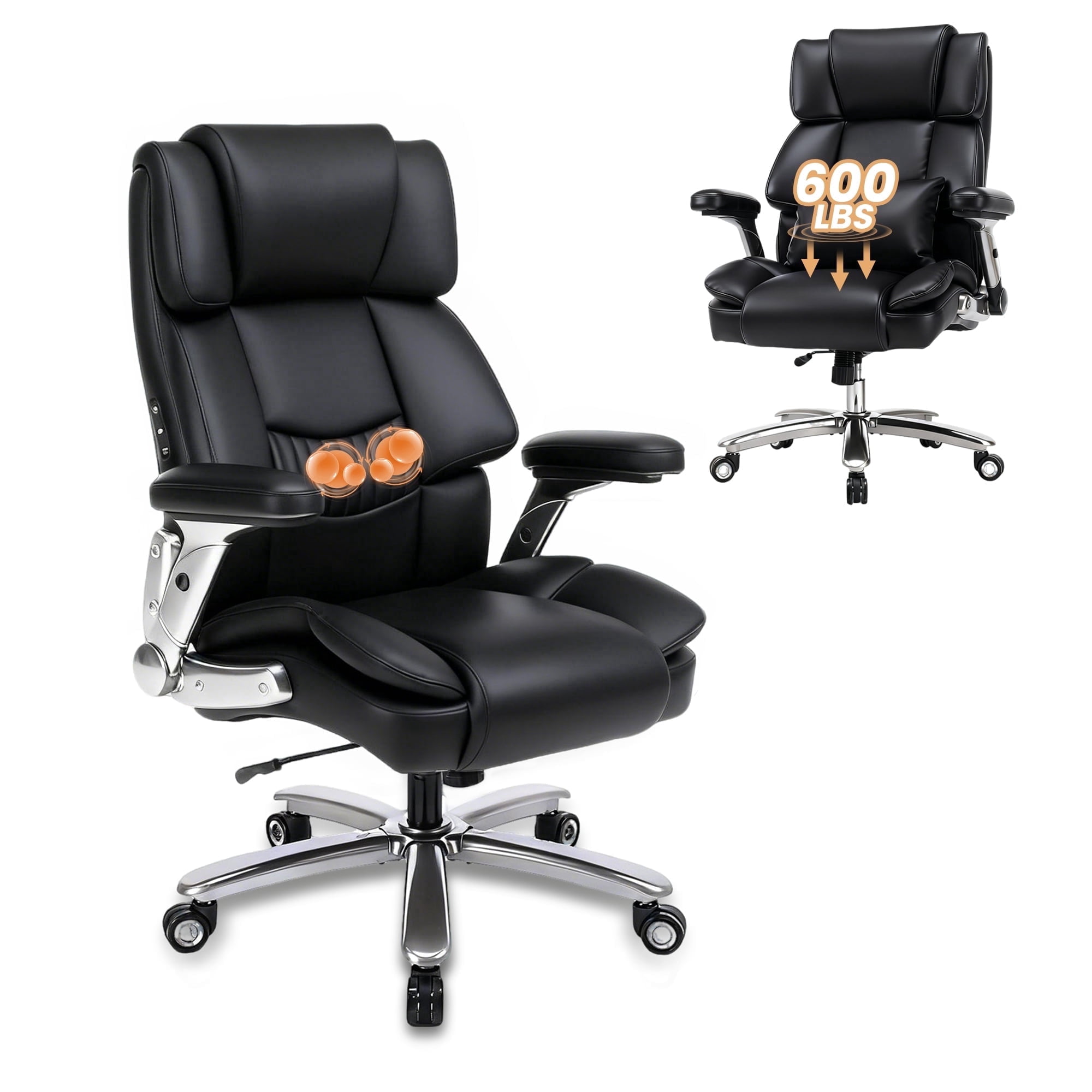 EOP 600LBS Big and Tall Heavy Duty Office Chair, Ergonomic Massage Desk Chair with 4D Adjustable Armrests, PU Leather Executive Chair with Lumbar Support & Quiet Dual Rubber Wheels, Black