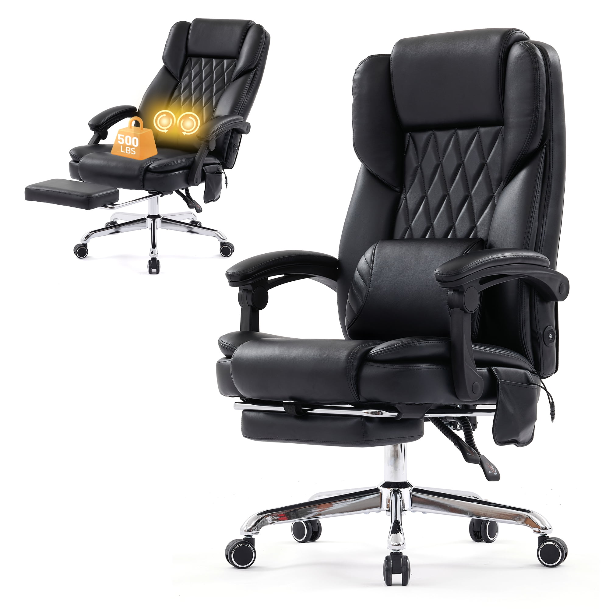 EOP Big and Tall Massage Office Chair, Faux Leather Ergonomic Computer Chair with Back Support Pillow, High Back Reclining Desk Chair for Heavy People, Black