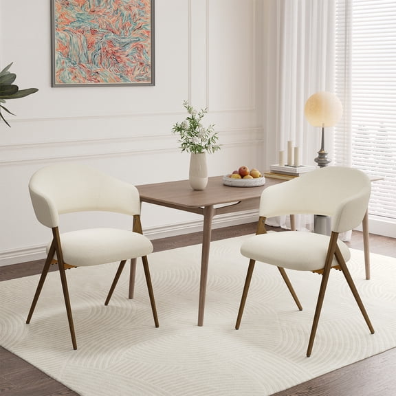EOP Dining Chairs Set of 2, Mid Century Modern Fabric Kitchen Arm Chairs, Upholstered Dining Room Chairs with Iron Legs, Padded Seat for Living Room, Restaurant, Cafe, Beige