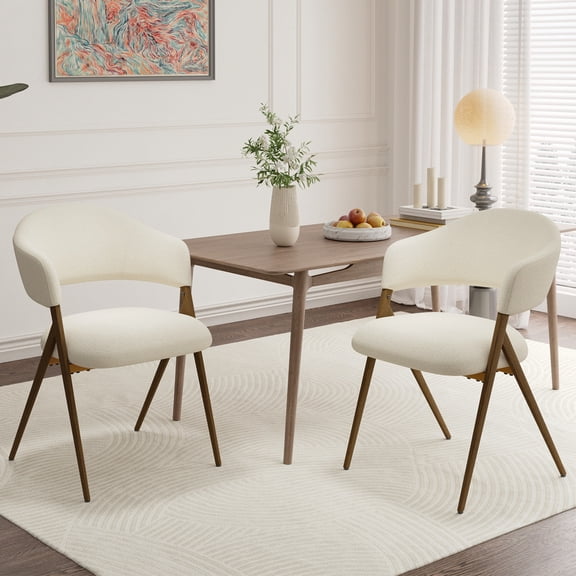 EOP Dining Chairs Set of 2, Mid Century Modern Fabric Kitchen Arm Chairs, Upholstered Dining Room Chairs with Iron Legs, Padded Seat for Living Room, Restaurant, Cafe, Beige