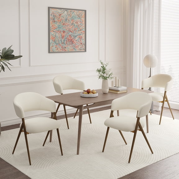 EOP Dining Chairs Set of 4, Mid Century Modern Fabric Kitchen Arm Chairs, Upholstered Dining Room Chairs with Iron Legs, Padded Seat for Living Room, Restaurant, Cafe, Beige