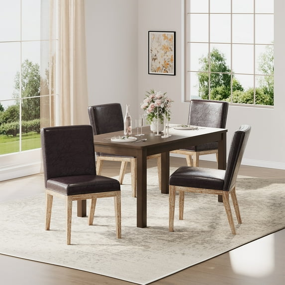 EOP Dining Chairs Set of 4, Modern Upholstered Faux Leather Dining Room Chairs, Armless Kitchen Side Chairs with Wood Legs and Padded Seat for Living Room, Bedroom, Kitchen, Brown