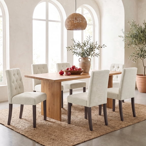 EOP Dining Chairs Set of 6, Modern Upholstered Fabric Dining Room Chairs, Armless Kitchen Side Chairs with Wood Legs and Padded Seat for Living Room, Bedroom, Kitchen, Beige