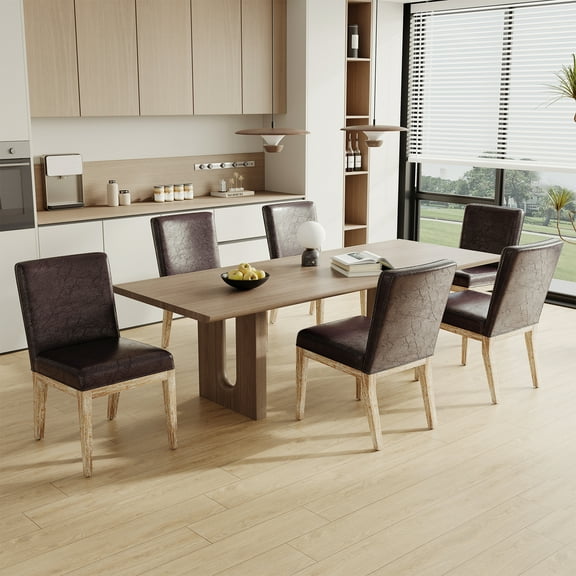 EOP Dining Chairs Set of 6, Modern Upholstered Faux Leather Dining Room Chairs, Armless Kitchen Side Chairs with Wood Legs and Padded Seat for Living Room, Bedroom, Kitchen, Brown
