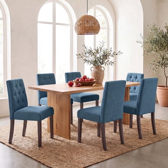 EOP Dining Chairs Set of 6, Modern Upholstered Fabric Dining Room Chairs, Armless Kitchen Side Chairs with Wood Legs and Padded Seat for Living Room, Bedroom, Kitchen, Blue