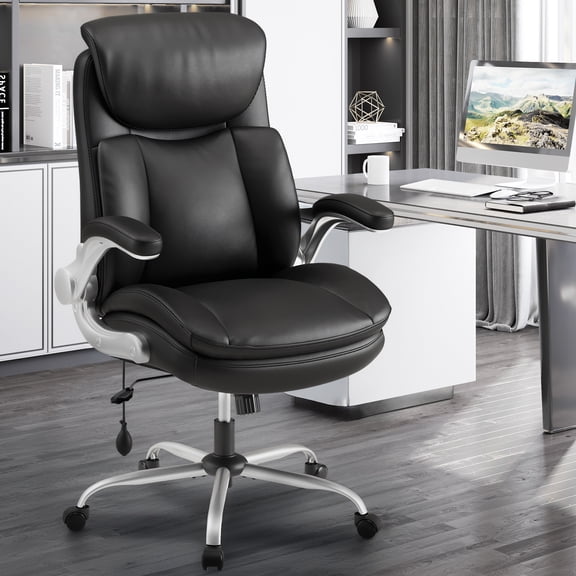 EOP 275LBS Big and Tall Executive High Back Office Chair, Heavy Duty Faux Leather Computer Desk Chair with Flip Up Arms and Lumbar Support, Black