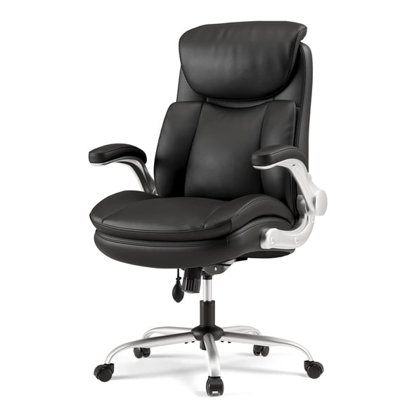 EOP 275LBS Big and Tall Executive High Back Office Chair, Heavy Duty Faux Leather Computer Desk Chair with Flip Up Arms and Lumbar Support, Black