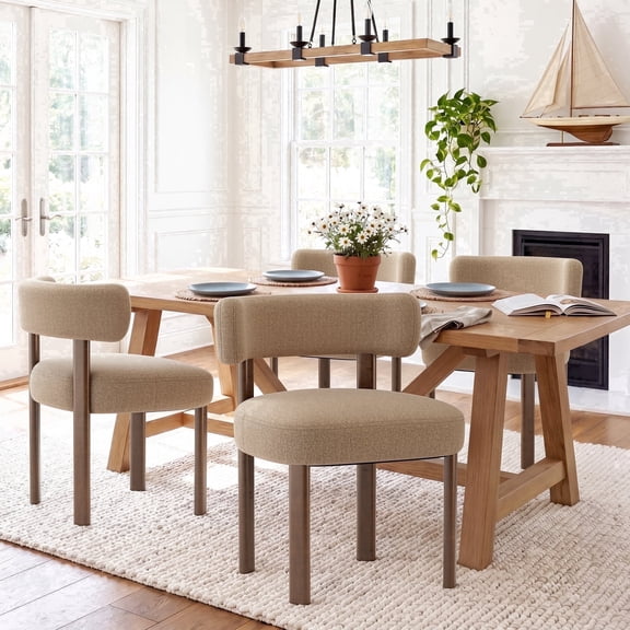 EOP Farmhouse Dining Chairs Set of 4, Upholstered Fabric Kitchen Chairs with Curved Backrest Wood Chairs for Kitchen Living Room Restaurant Seating Dining Room, Camel