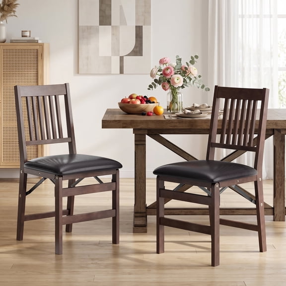 EOP Folding Dining Chairs Set of 2, Wooden Foldable Dining Room Chairs for Kitchen & Small Spaces, Mid Century Modern Upholstered Kitchen chairs, No Assembly Required, Dark Brown
