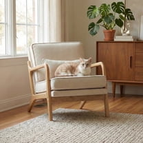 EOP Mid-Century Modern Accent Armchair with Solid Wood Frame, Removable Soft Cushion & Lumbar Pillow, Upholstered Reading Leisure Chair for Living Room Bedroom Balcony Waiting Room, Beige