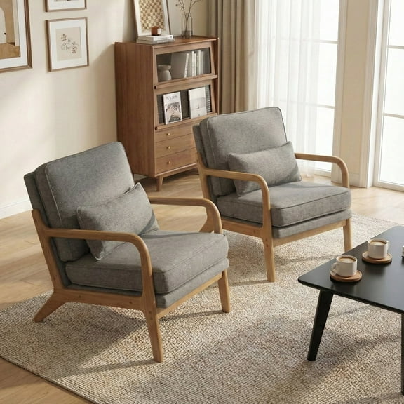 EOP Mid-Century Modern Accent Armchairs Set of 2 with Solid Wood Frame, Removable Soft Cushion & Lumbar Pillow, Upholstered Reading Leisure Chairs for Living Room Bedroom Balcony Waiting Room, Gray