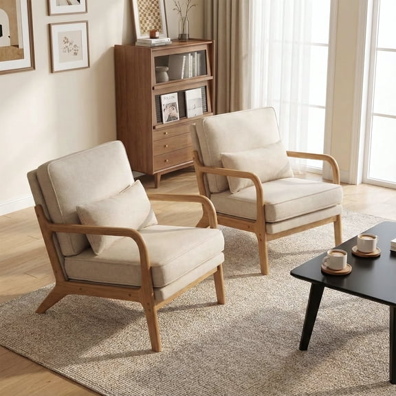EOP Mid-Century Modern Accent Armchairs Set of 2 with Solid Wood Frame, Removable Soft Cushion & Lumbar Pillow, Upholstered Reading Leisure Chairs for Living Room Bedroom Balcony Waiting Room, Beige